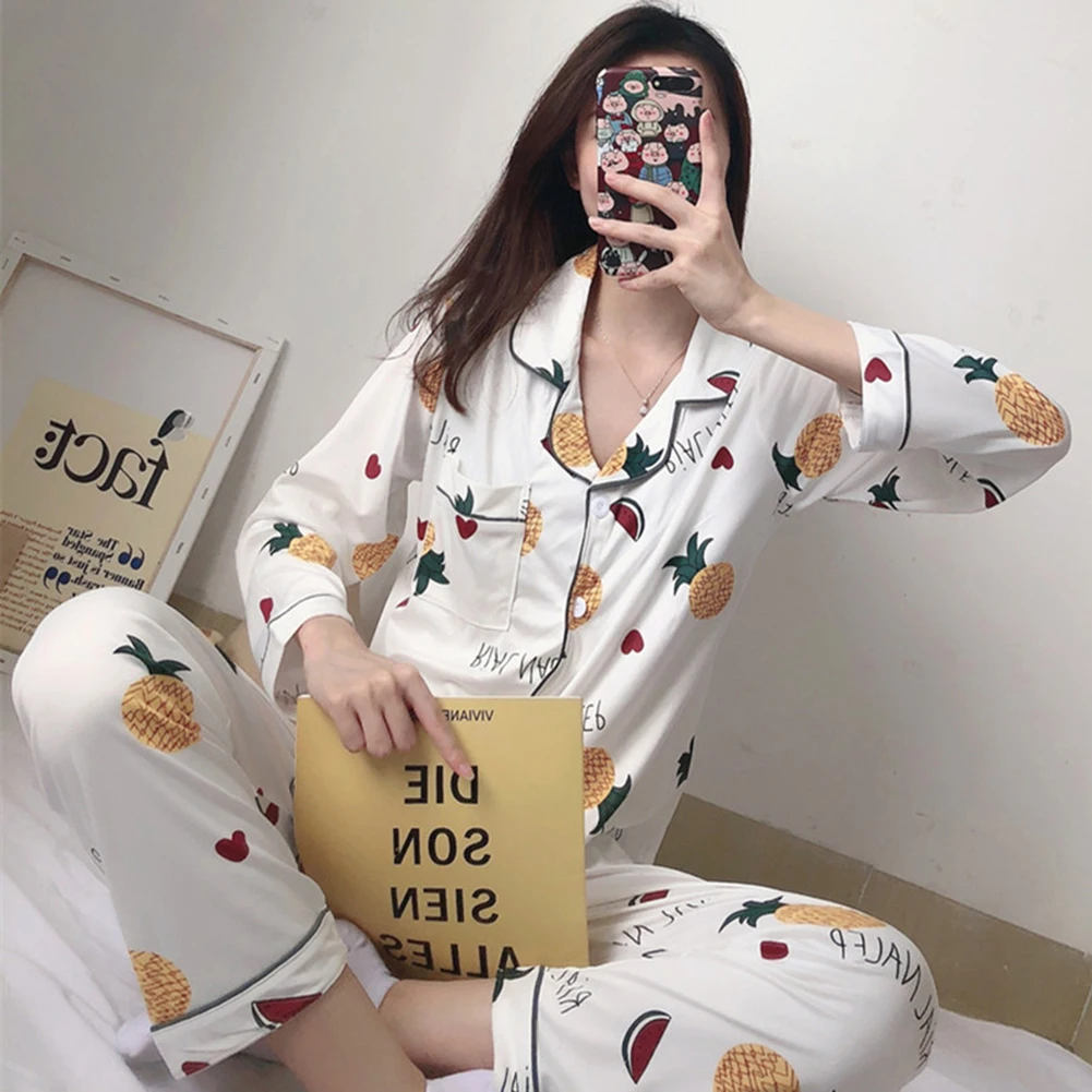 

Female Print Twinset Pajamas Sets Spring Autumn Long Sleeve Cardigan Nightwear Long Sleeve Woman Pajamas Supplies