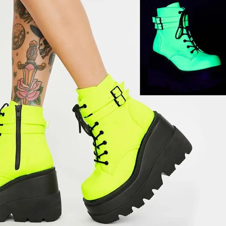 

Brand INS Hot Fashion Gothic Big Size 43 High Heels Black Zip Ankle Platform Boots Street Cool Woman Wedges Pink Shoes