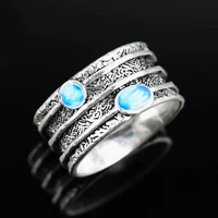 vintage bohemian blue opal stone carved wide rings for women men simple design gothic party jewelry couple gift