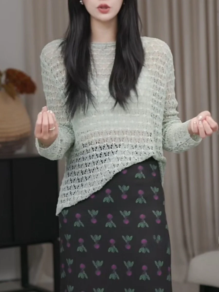 Женская зеленая вязаная рубашка 2024 летняя повседневная модная элегантная с