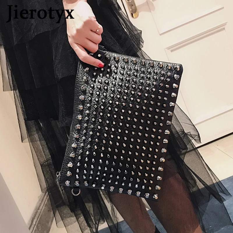 Купи JIEROTYX Evening Clutch Bags for Women Luxury Brand Punk Rock Style Rivet Shoulder Envelope Bag Unisex Black Leather Handbags за 1,019 рублей в магазине AliExpress