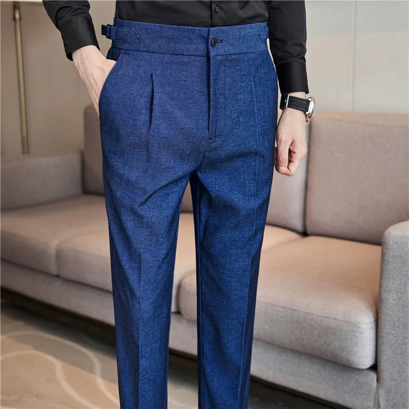 

Waist Business Slim Men Trousers Wedding Streetwear Social Casual Denim Men Blue Dress Suit Pants Office Fit Pants Clothing High