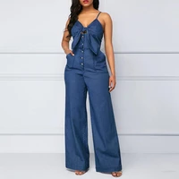 2022 lady jumpsuit bow knot decor sleeveless straight pants v neck hollow out summer denim romper overalls 2022 female clothes