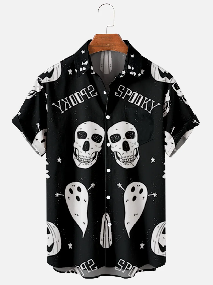 

Camisa de Halloween Vintage para hombre, ropa informal con estampado de calavera y fantasma, bolsillo 3D, nueva
