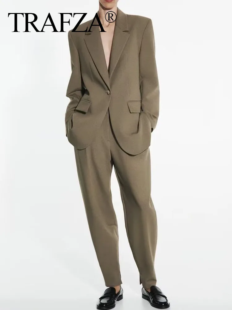 

Женский винтажный Костюм-двойка TRAF ZA, элегантный клетчатый блейзер с длинным рукавом, пуговицами, карманами и лацканами + длинные брюки-султанки