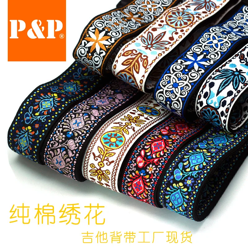 

P&P Adjustable Embroidered Cotton Guitar Strap Durable Widening and Thickening Electric Acoustic Folk Guitar Bass Belts Washable