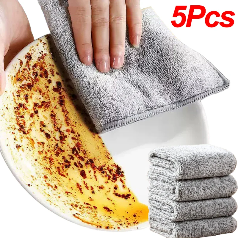 

5Pcs Washing Dish Cloth Microfiber Towel Kitchen Dish Scouring Pad Thickened Absorbent Car Cleaning Cloth Window Glass Wipe Rag