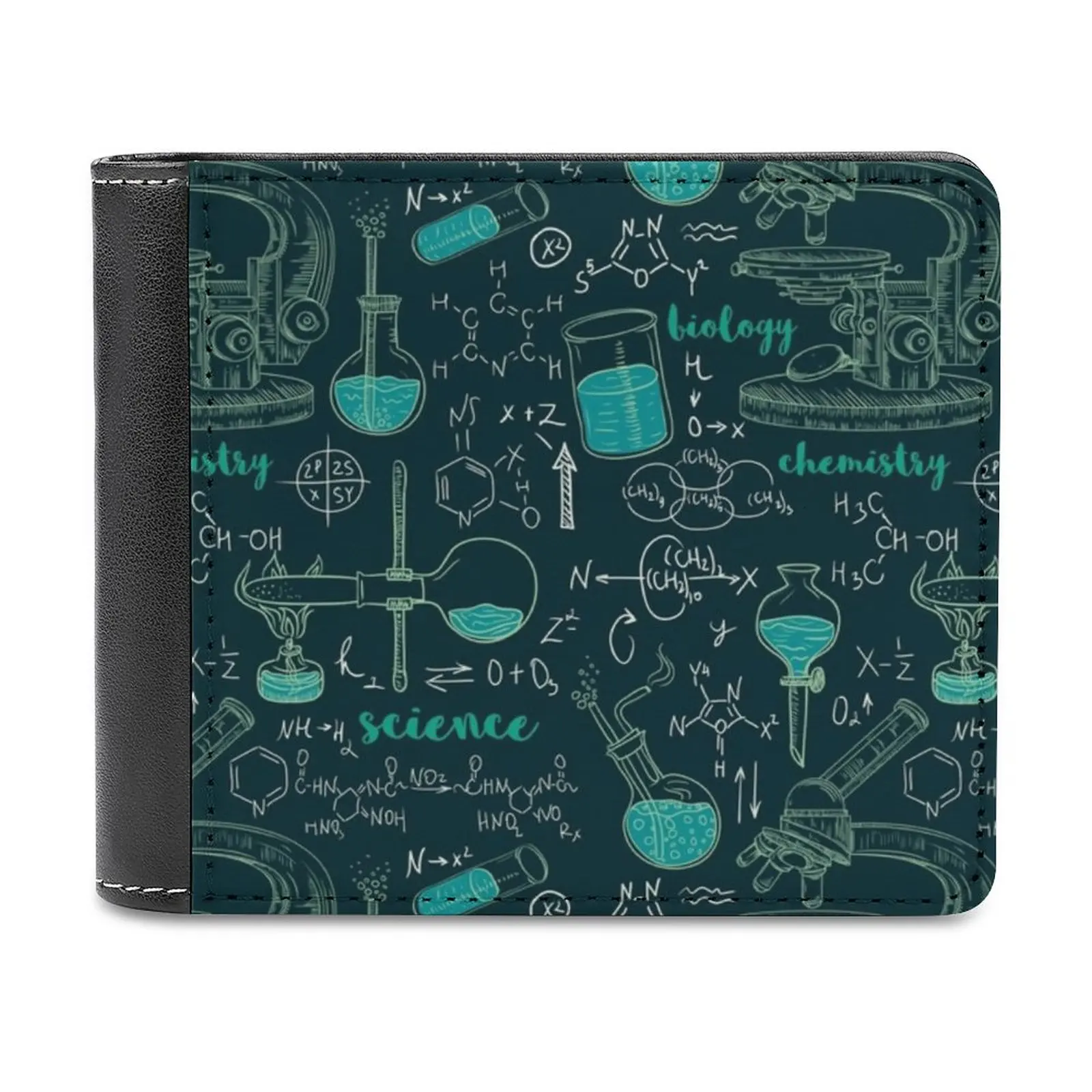 

Винтажный бесшовный узор, старые химикаты с микроскопами и кожаным кошельком, короткие тонкие мужские кошельки, для денег, кредитных карт