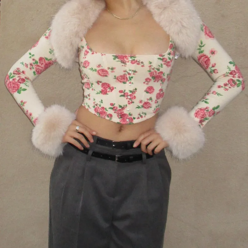 

2023 Spring Women's New Sexy Ladies Square Neck Printed Flower Coat Y2K Girls Open Navel T-shirt Plush Long Sleeve Top TOP247