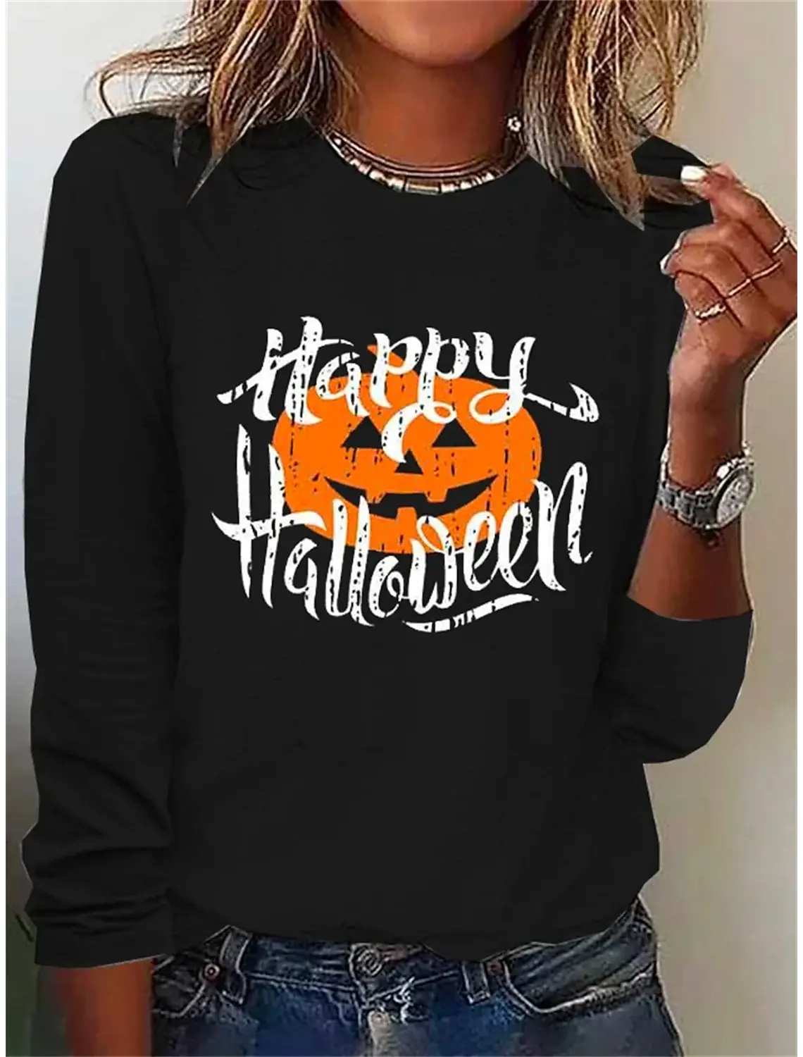 

Women's T shirt Tee Pumpkin Print Long Sleeve Halloween Weekend Basic Round Neck Regular Painting Blouse 6 Colors