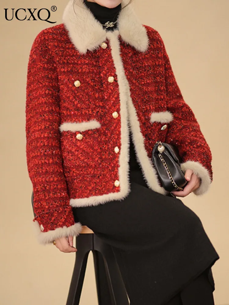 UCXQ элегантное красное пальто нежный темперамент контрастный воротник из