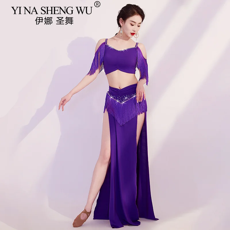 Костюм для танца живота женский блестящий топ без рукавов с бахромой и длинная