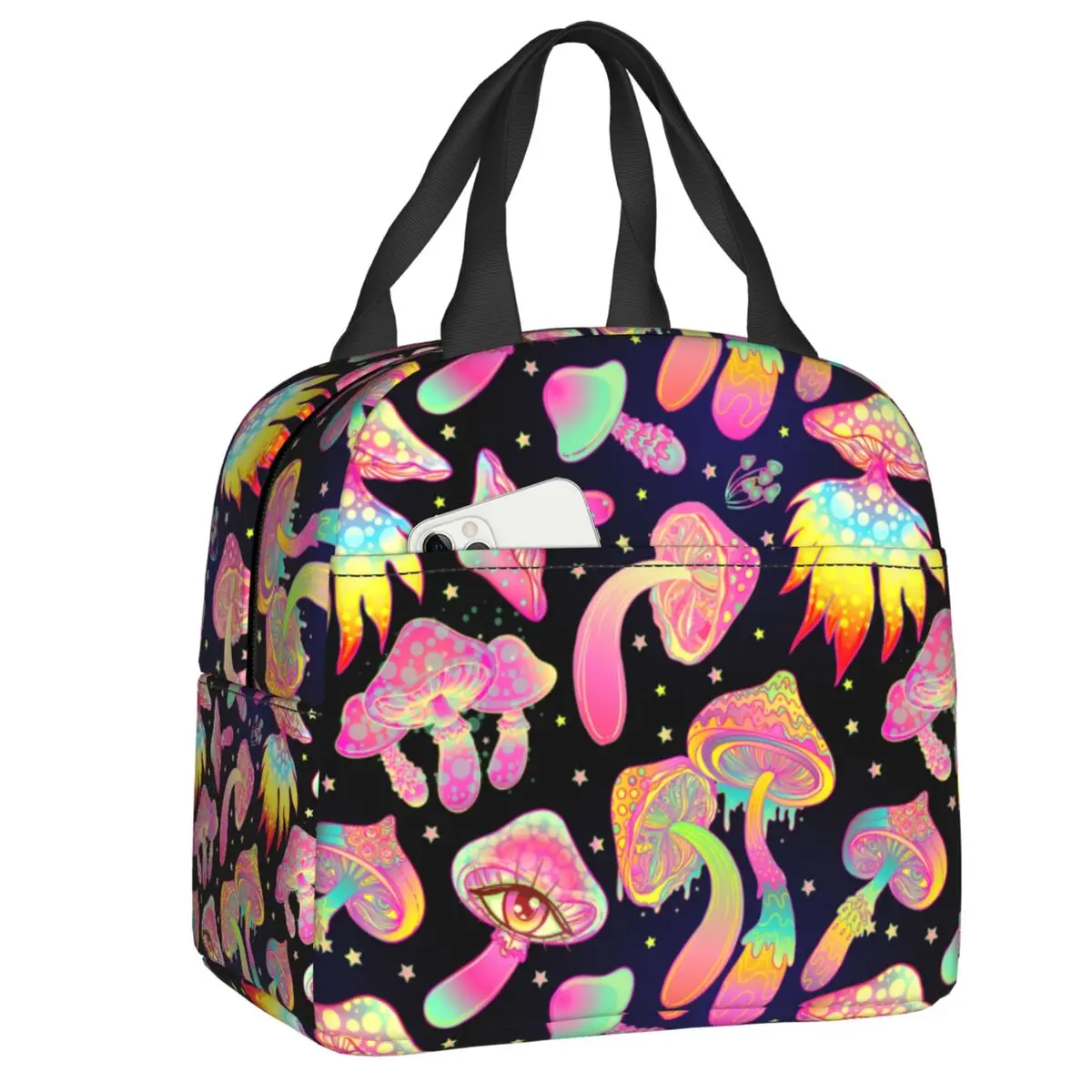 

Custom Psychedelic Magic Mushrooms Lunch Bag Women Cooler Thermal Insulated Lunch Box for Kids School Work Pinic Food Tote Bags