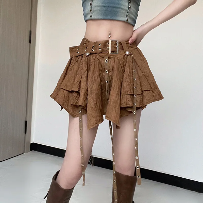 

Combhasaki Women Y2K Grunge Solid Color Low Waist Ruffled Layered Irregular Hem Buckle Belt Short Mini Skirts with Lined Shorts