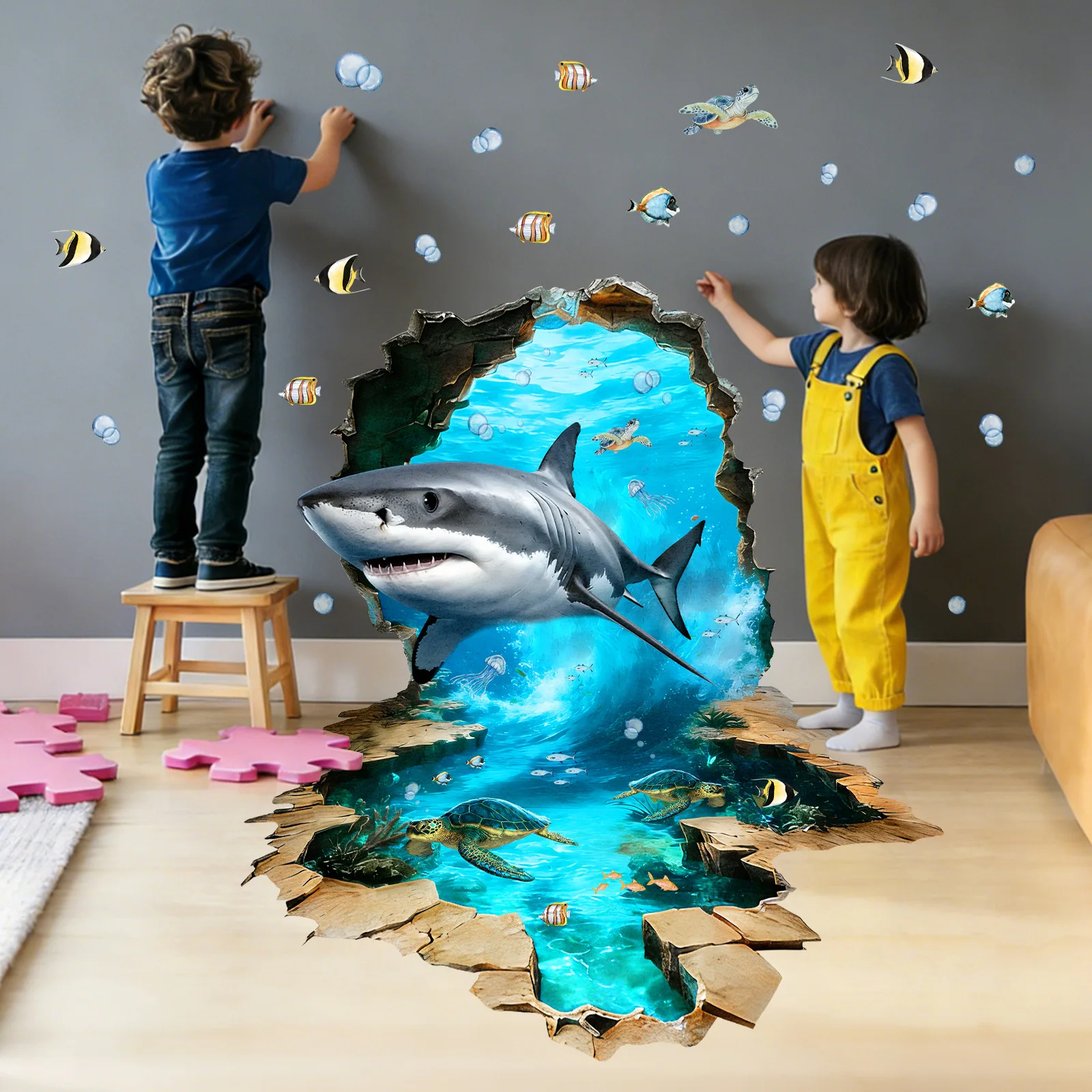 Фото Креативная 3D-наклейка на стену «Реалистичная акула, прорывающаяся сквозь стены» из винила, с изображением океана, для декора дома
