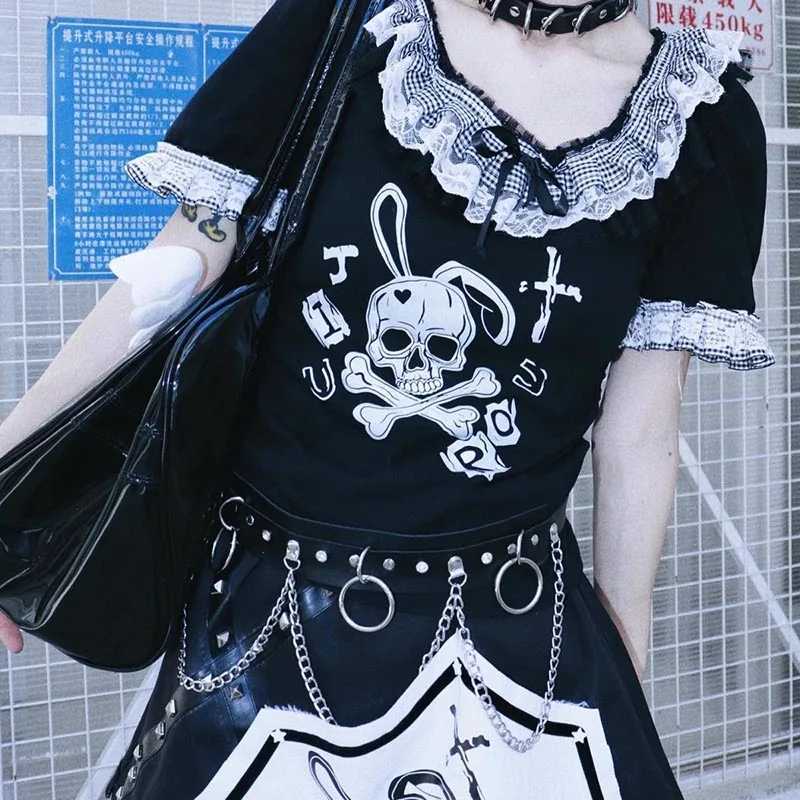

Кружевные футболки для женщин, летняя футболка в стиле панк и японской Девушки со скелетом, Готическая фея, гранж, Короткие топы большого ра...