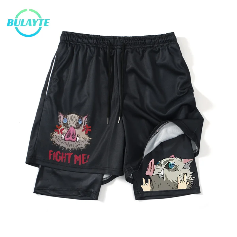 

2 In1 Gym Shorts Demon Slayer Anime Shorts Men Bodybuilding Fitness Summer Mesh Quick Dry Board Shorts Workout Pocket Sweatpants