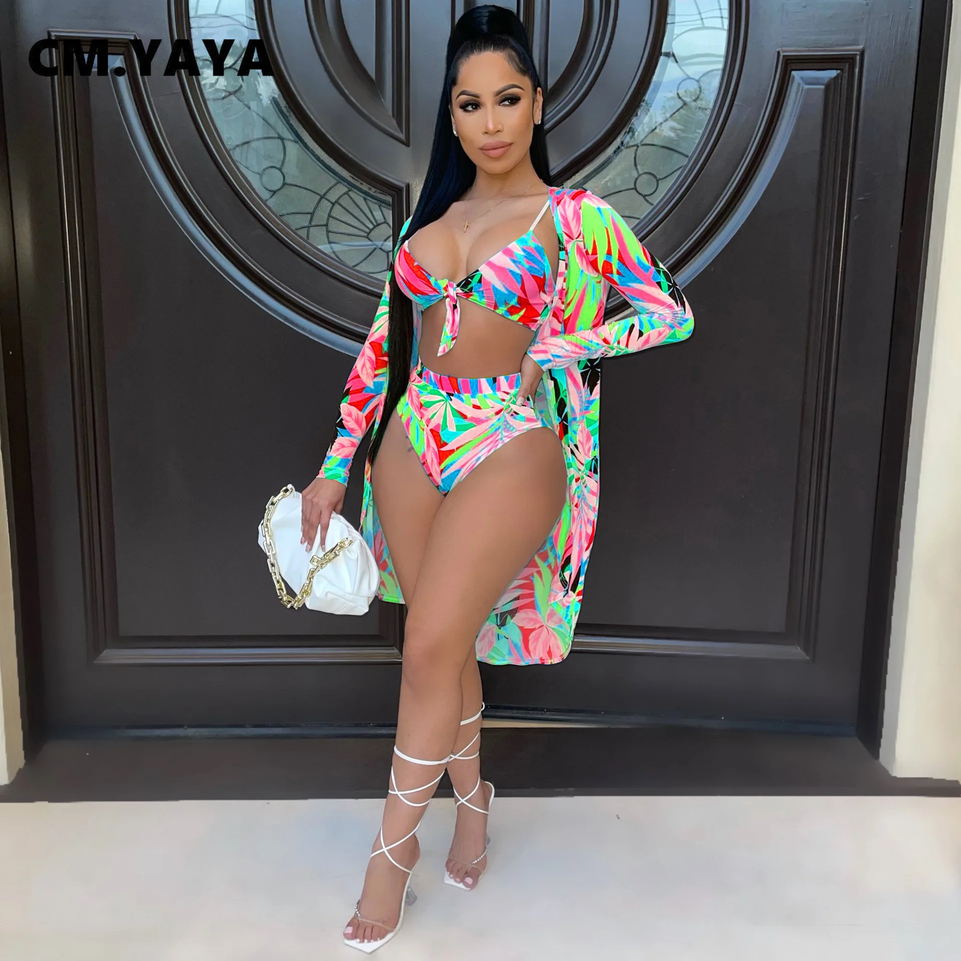 Женский пляжный комплект CM.YAYA бикини с принтом листьев сексуальный топ часами и