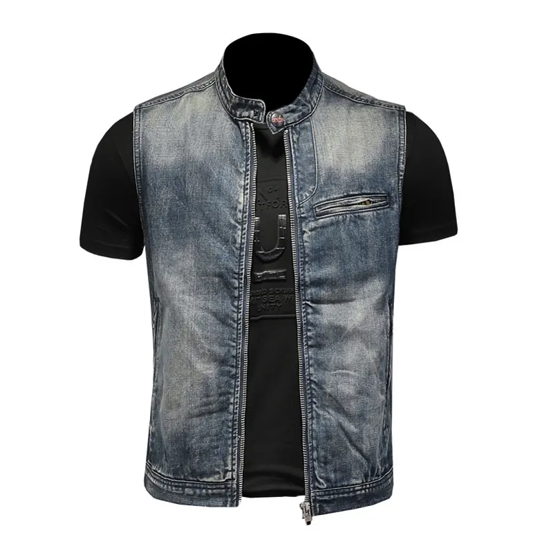 

Spring Retro Jean Jacket Men's Denim Tank Top Jacket Blue Slim Fit Mock Neck Zipper Sleeveless Tank Top