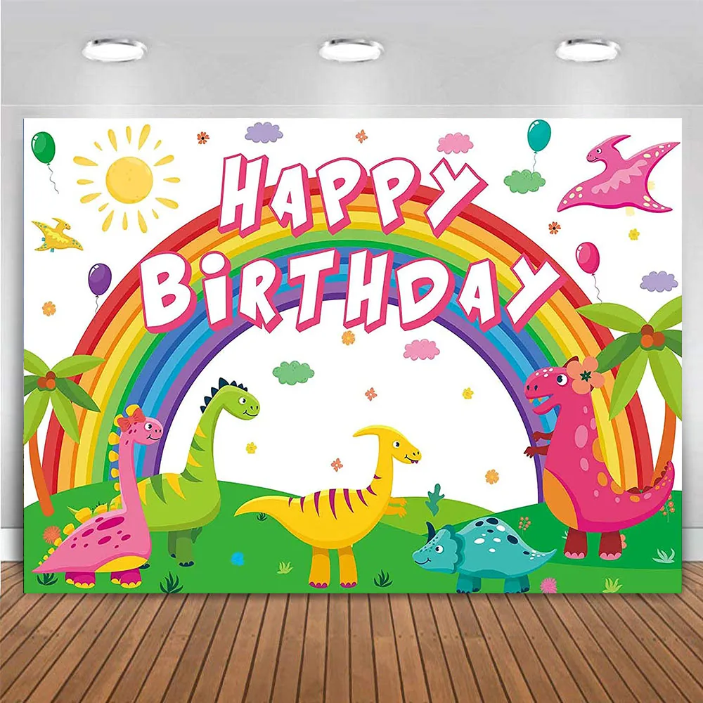 

Pink Dinosaur Happy Birthday Party Backdrop Banner for Kids Girl 1st Jungle Wild Forest Baby Shower Wall Decor Background Photo