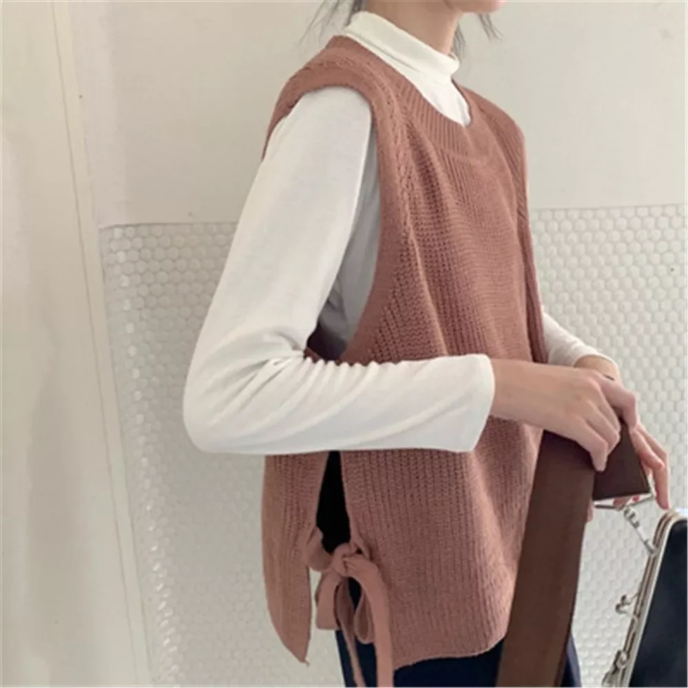 

2022NEW Vest Women Solid Side-slit Casual Loose Sweet Sweaters Womens Spring All-match Designed Korean Style O-neck Outwear New
