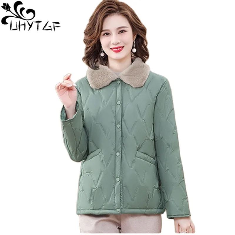 

UHYTGF Winter Parkas Coats Womens Light Thin Down Jacket Casual Warm Overcoat Female Middle Aged Mother Cotton Outerwear 5XL1930