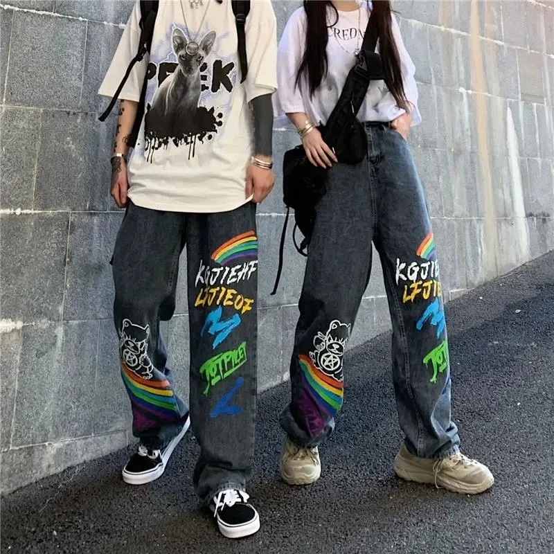 Boyfriend Jeans Women Men Loose Cartoon Graffiti Printing Straight Wide-leg Pants Korean Fashion Streetwear Draped Denim Trouse