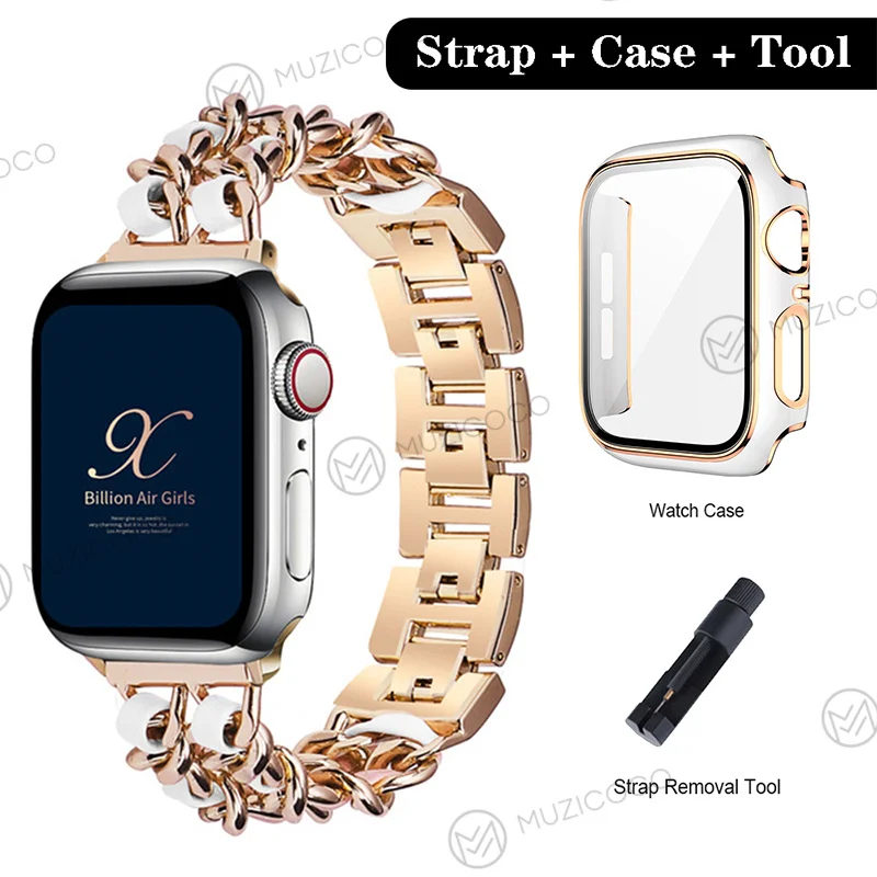 

Ремешок и чехол для Apple Watch 7 SE 6 5 4, размер 41 мм 45 мм 40 44 мм 38 42 мм, цепочка из нержавеющей стали с кожаным ремешком