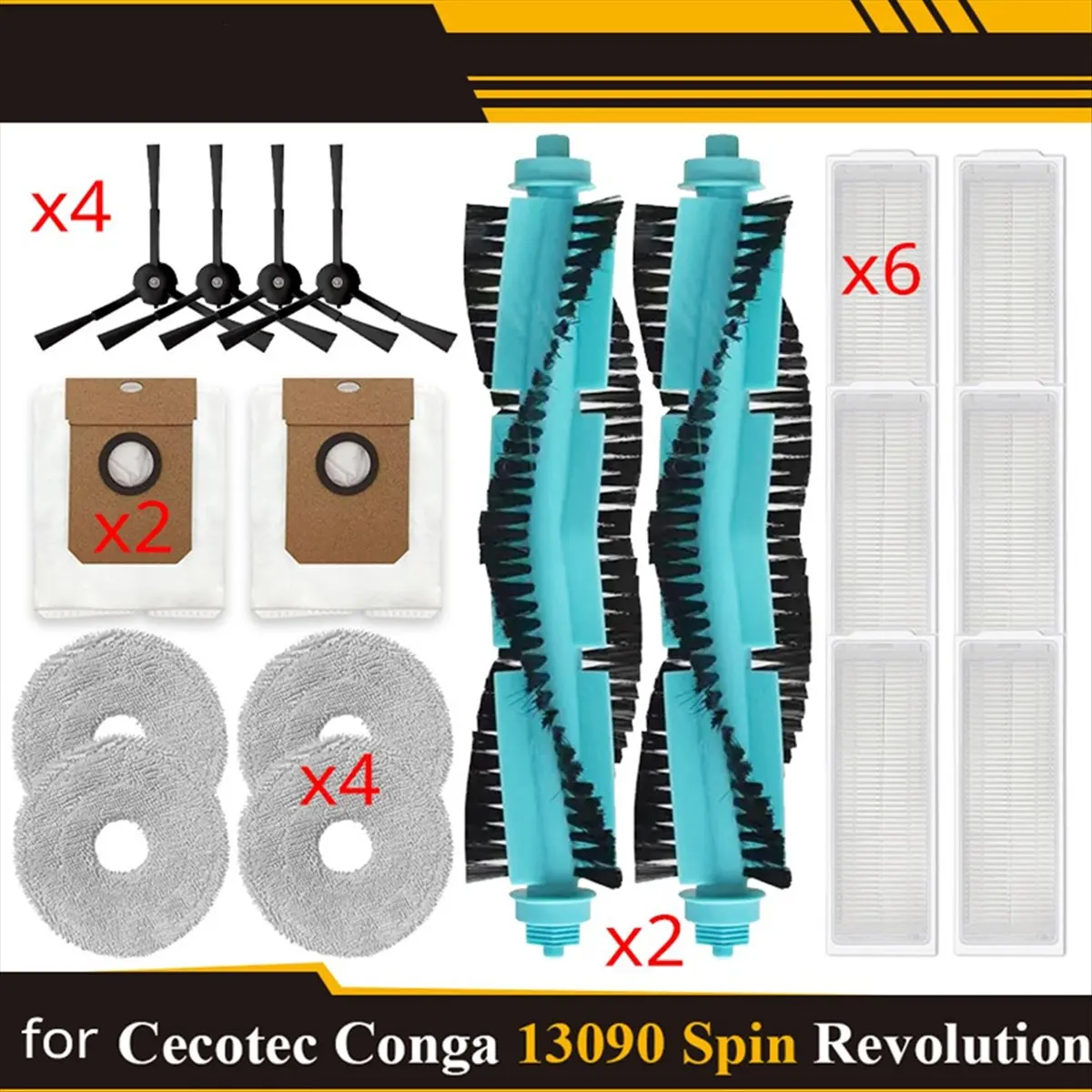 Фото Запасные части и аксессуары A88M для Cecotec Conga 13090 Spin Revolution / 11090: фильтр, основная и боковые щетки, насадка для влажной уборки, мешок для сбора пыли. №2