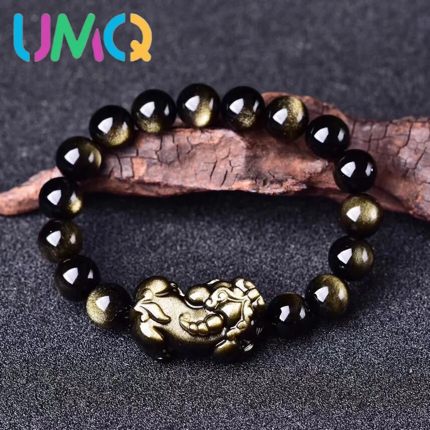 Natural Obsidian Bracelet Men's and Women's Obsidian Crooked Head Little Couple Bracelet