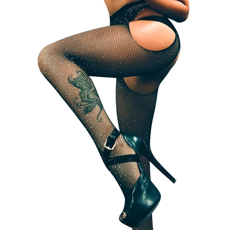 

Sexy Erotic Lingerie Stockings Women Rhinestone Fishnet Open Crotch Mesh Tight High Pantyhose Party Club Black Stockings New