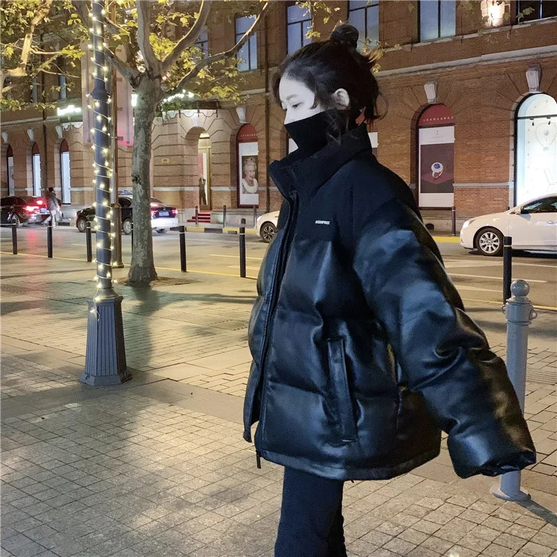 Winter Women Parkas 2023 PU Leather Warm Padded Jackets Stand Collar Thick Coat Female Causul Overcoat Plus Size Outerwear Short