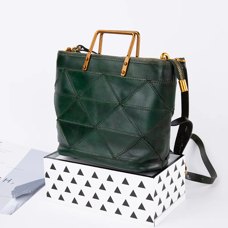 

Retro Genuine Leather Women's Handbags Lady Shouler Crossbody Bag Geometric Stitched Cowhide Tote Bag Commute Top Handle Bags