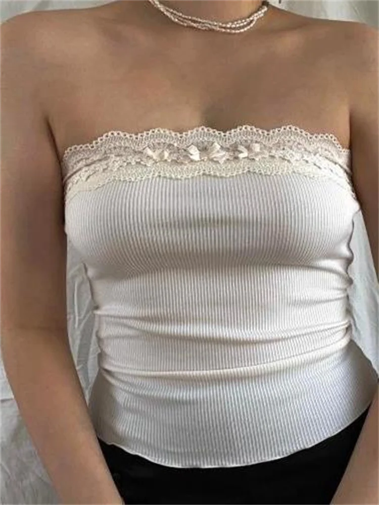 

Fashion Women Sexy Strapless Tube Tops Y2K Lace Patchwork Tank Camis Fairy Off Shoulder Backless Ribbed Mini Vests Crop Tops