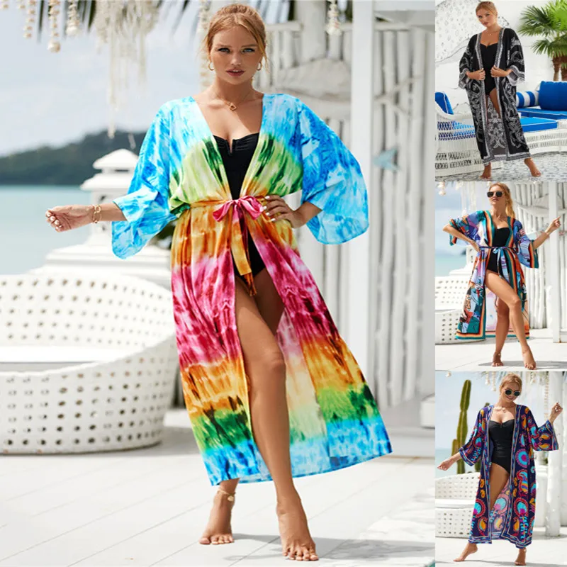 

Sexy Printing Bikini Cover-ups Retro Long Kimono Beach Dress Tunic Women Clothing Beach Wear Swim Suit Cover Up Robe De Plage