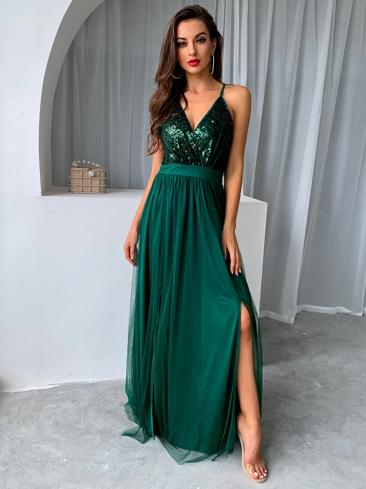

New Summer Women's Dress Fashion Temperament Solid Color Sexy Sling Slit Big Swing Sequined Gauze Backless V-neck Women's Dress