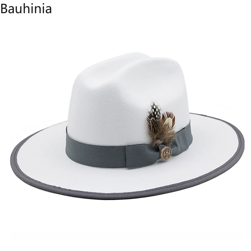 

Bauhinia Handmade Feather Band Men's Fedora Hat Wool Wide Brim Felt Jazz Cap Gangster Trilby Panama Dress Hat For Women