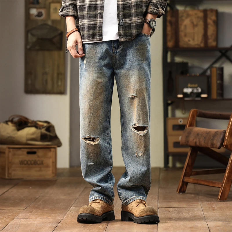 Осень и зима новинка 2024 винтажные рваные джинсы чтобы сделать старые модные