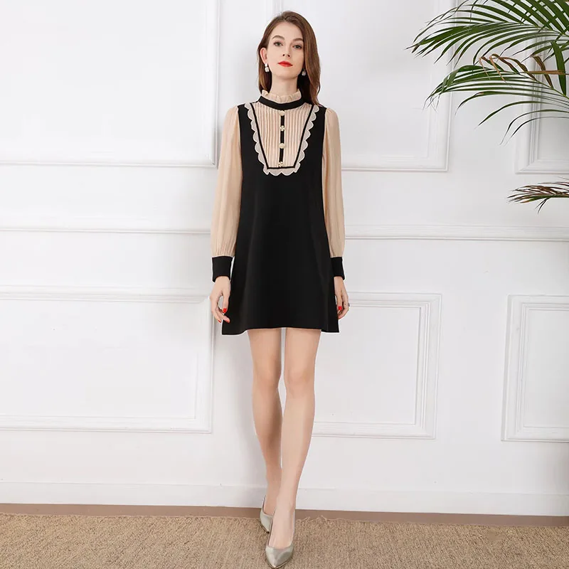 

MIUXIMAO 2022 High Quality Spring/ Summer Elegant Dress Half High Collar Flounced Edge Button Fashion Dress Women Vestide