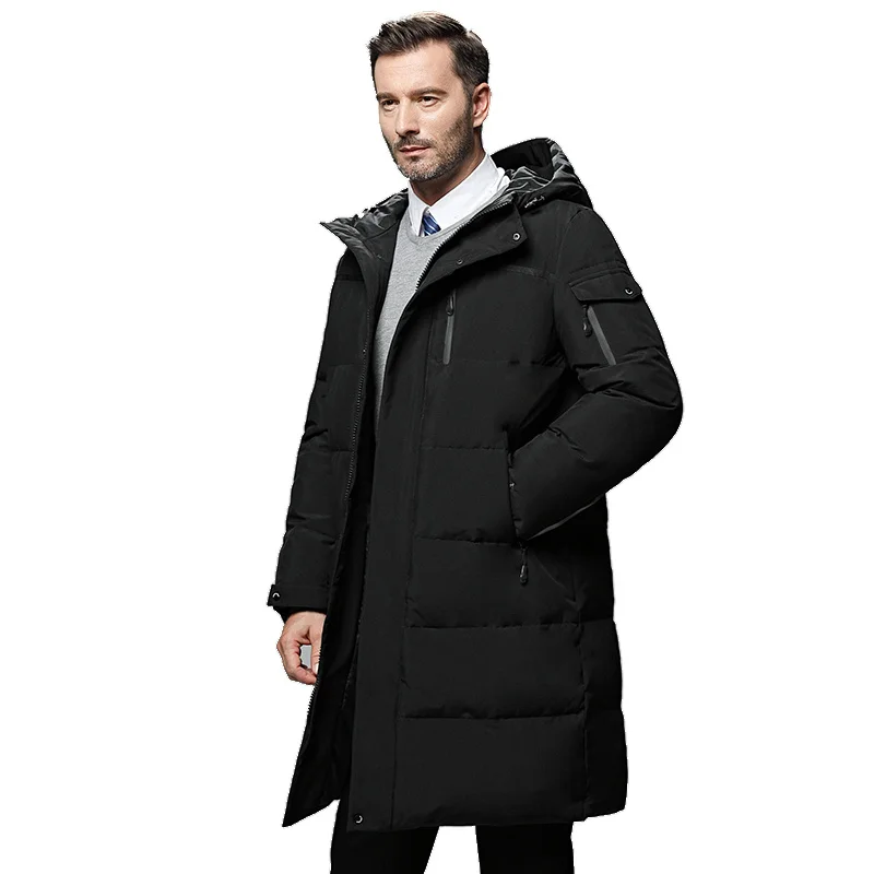 Winter Long White Duck Down Jacket Men Solid Color Waterproof Hooded Fashion Causal Warm Thick Coat Male Large Size M-5XL Black