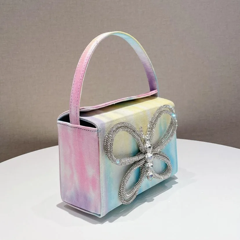 

Luxury Butterfly Diamond Square Bag Denim Canvas Hand Bags Glittering Crystal Evening Clutch Purses and Handbags Design Brand