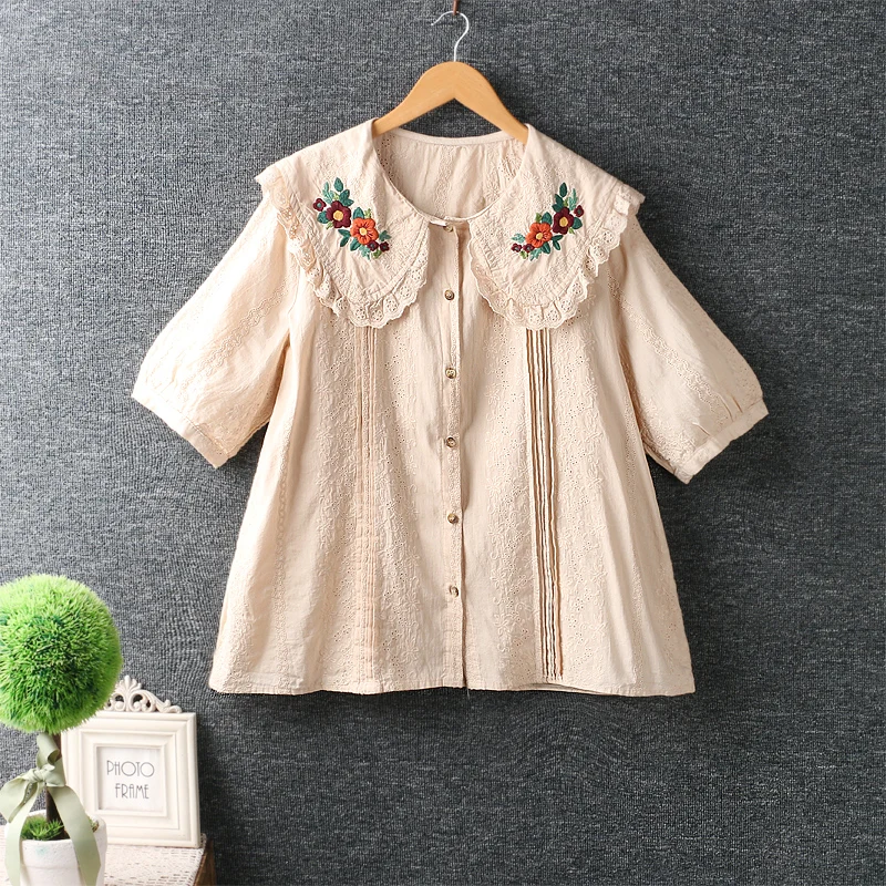 

Summer Short Sleeve Embroidered Shirt Women Casual Single Breasted Tops ML220414