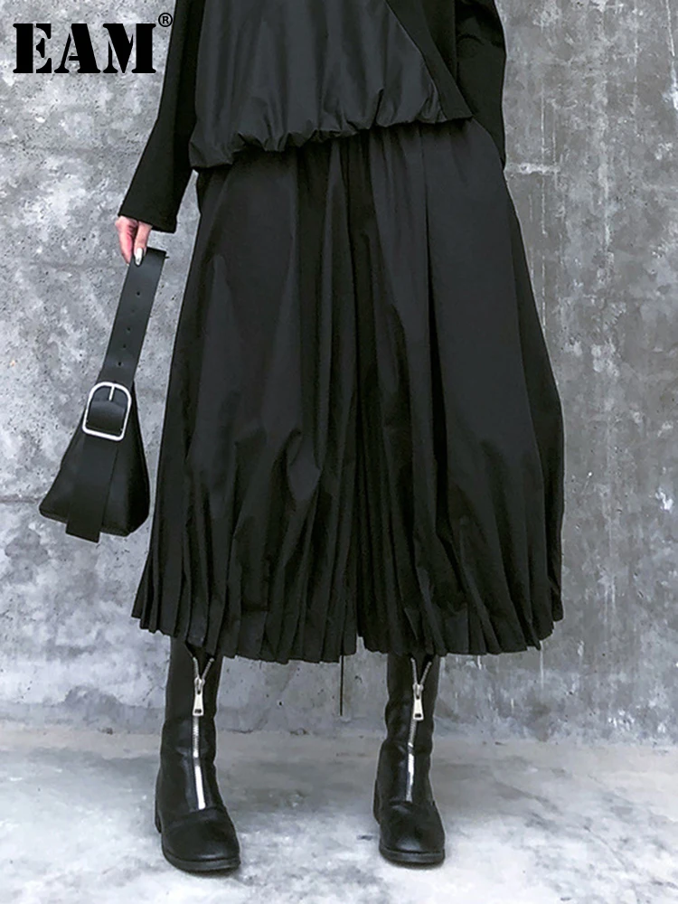 

[EAM] High Elastic Waist Black Brief Pleated Wide Leg Trousers New Loose Fit Pants Women Fashion Tide Spring Autumn 2022 1DE6421