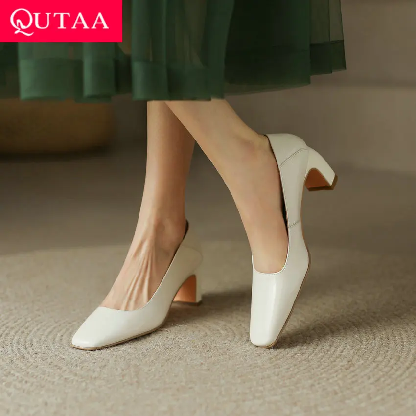 

QUTAA 2023 Women Pumps Spring Summer Office Ladies Wedding Party Casual Square Toe Med Heels Square Toe Shoes Woman Size 34-40