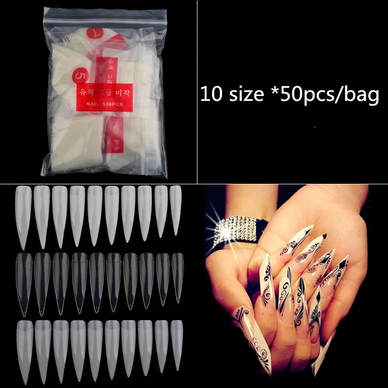 

Sdotter 500pcs Nail Art Tips Clear/Natural/White Half Cover Long Sharp Stiletto False Fake Nails Tips Manicure Artificial Nail f