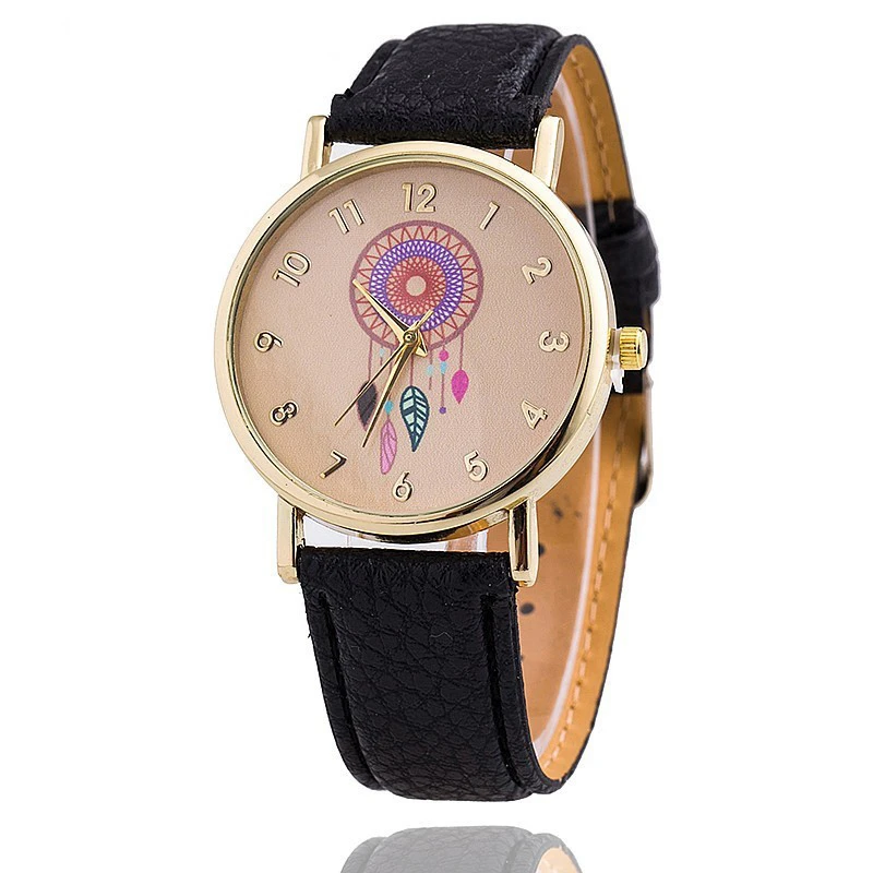 

Fashion Dream Catcher Flower Quartz For Watch Ladies Casual Watches Black Leather Women Pink Dress Clocks Gifts Reloj Mujer часы
