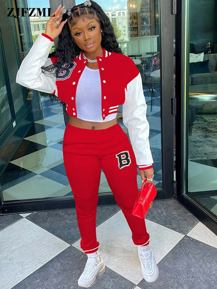 

Casual Uniform Sportswear Tracksuit Letter Print Long Sleeve Baseball Jacket and Letter Print Cargo Sweatpant Two Pieces Suits