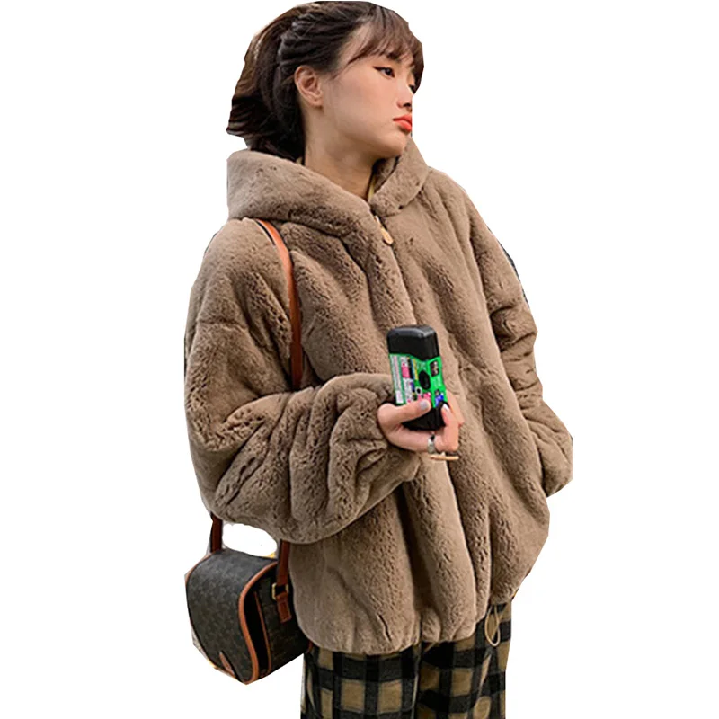 2022 New Women's Winter Coats Casual Fashion Loose Korean Version S-4XL Faux Fur Coat Furry Thickened Warm Hooded Jacket Female