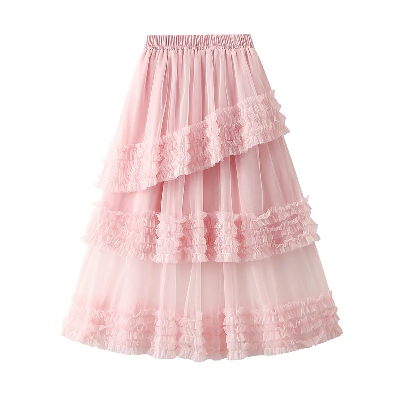 

hirigin Women Long Maxi Skirts Elastic High Waist Multi-Layer Mesh Sheer Ruffles Pleated Skirt Spring Summer Female Clothes 2022