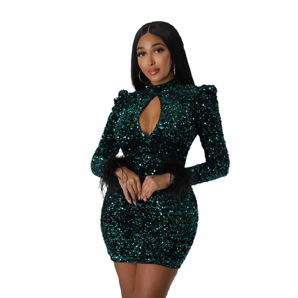 Women Sequined Mini Bodycon Dress High Collar Feather Long Sleeve Party Evening Dress Sexy Fashion Short Prom Dresses
